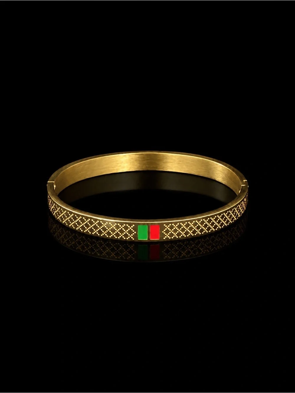 18K Gold Luxury Bangle with Green and Red Accents